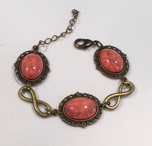 Salmon Veined Cabochon on Antique Brass Lace Links Bracelet