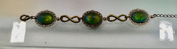 Green/Blue Frosted Glass Cabochon on Antique Brass Lace Links Bracelet