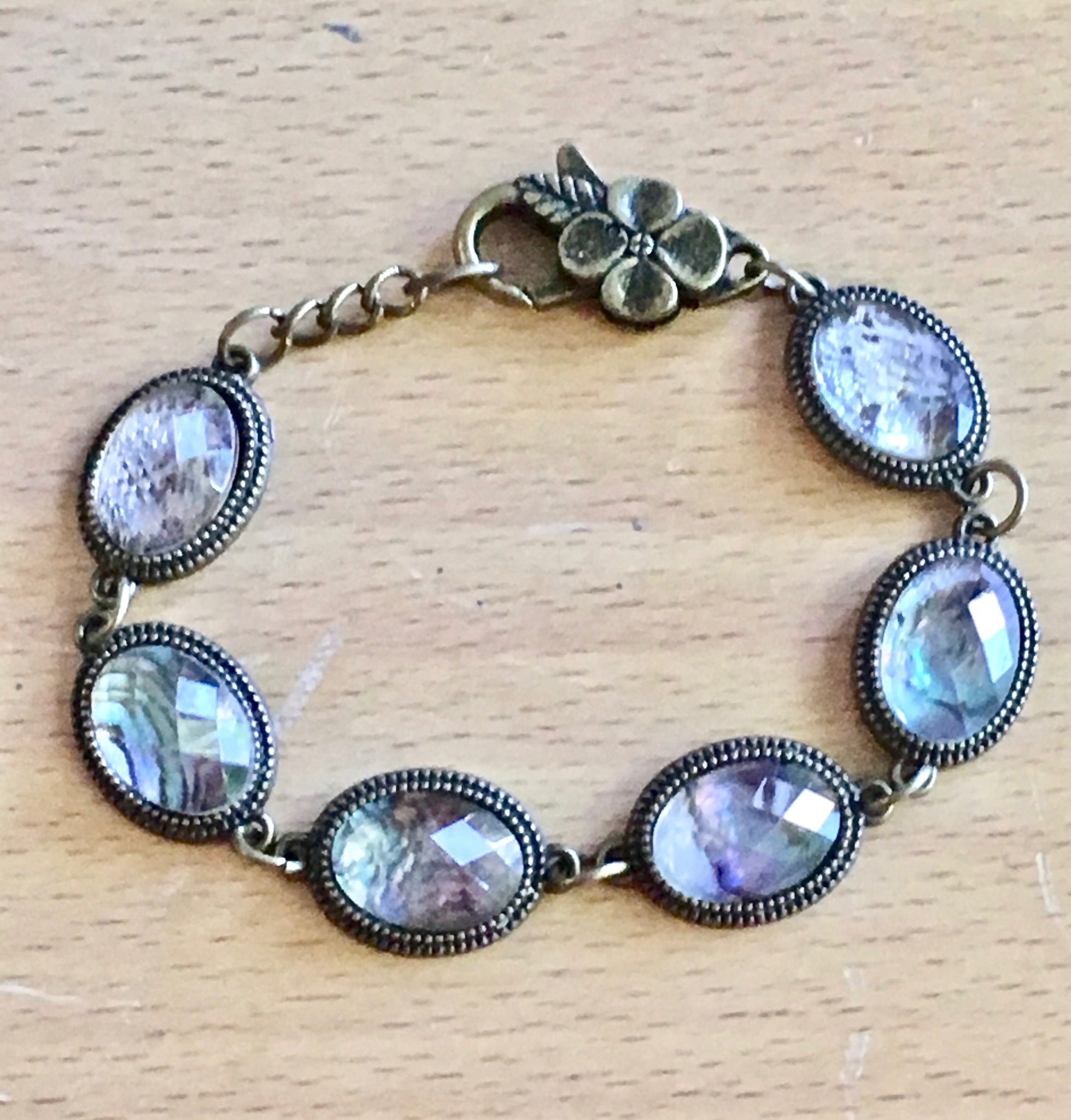 Faux Roman Glass Faceted Cabochon Link Bracelet