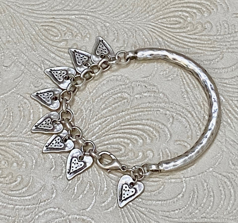 Bar & Link with Heart Dangle Charms, Matte Sterling Silver Plated Bracelet