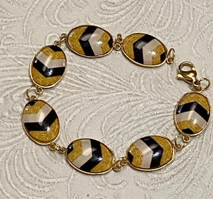 Black, Gold & Cream Chevron Design Cabochon Link Bracelet