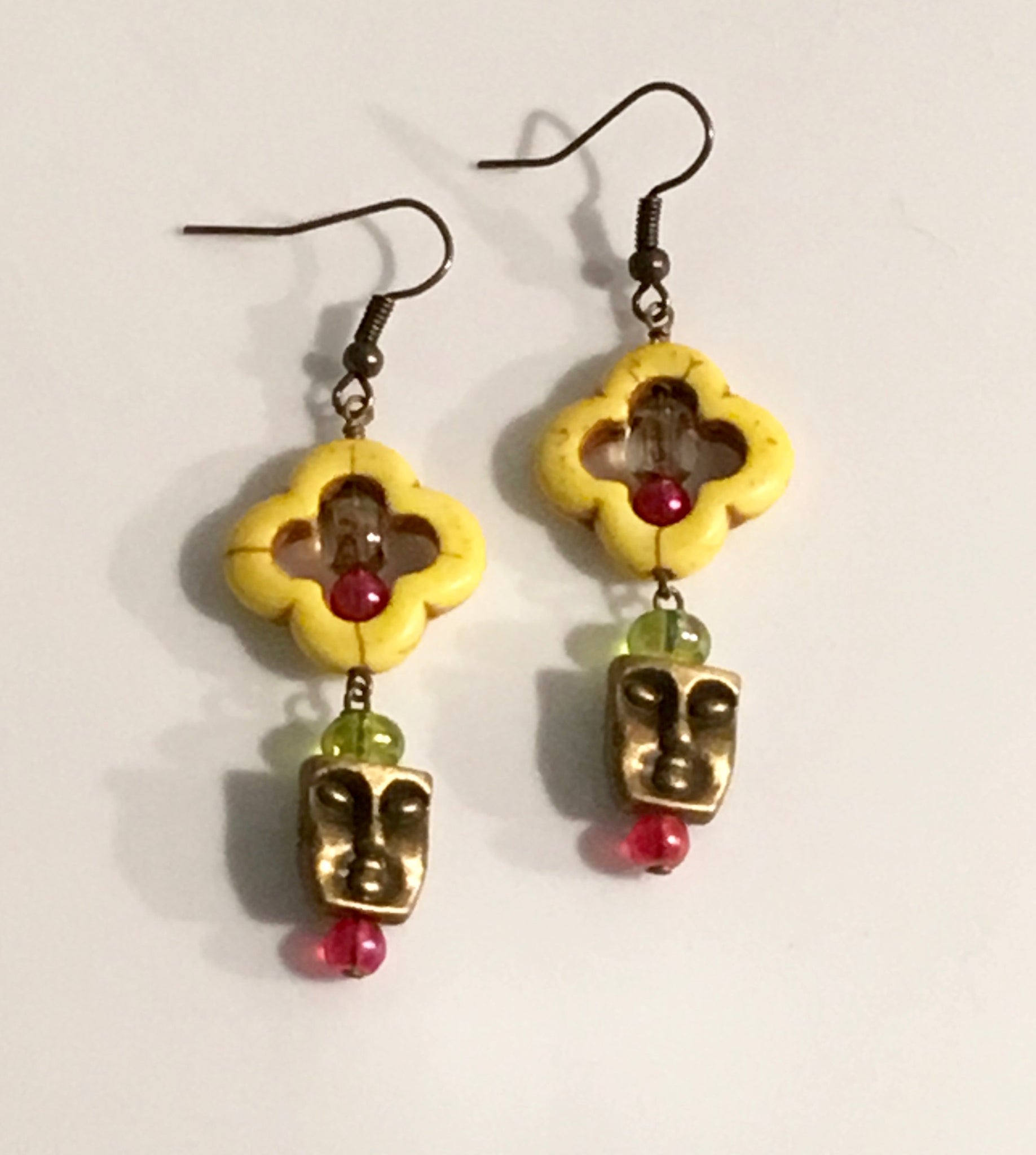 Boho Yellow Howlite and Antique Brass Indonesian Mask Earrings