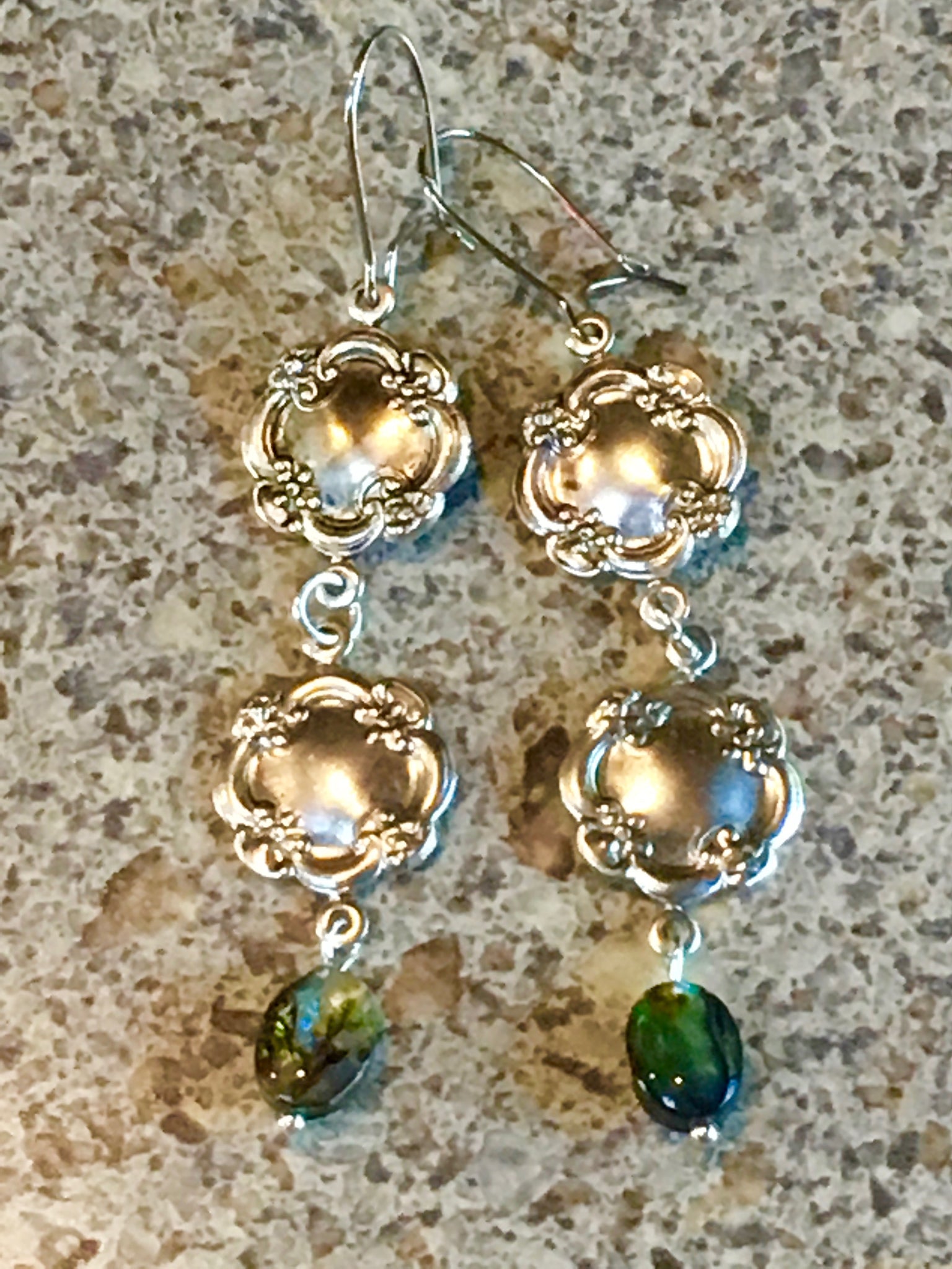 Retro Hippy Antique Silver and Abalone Earrings