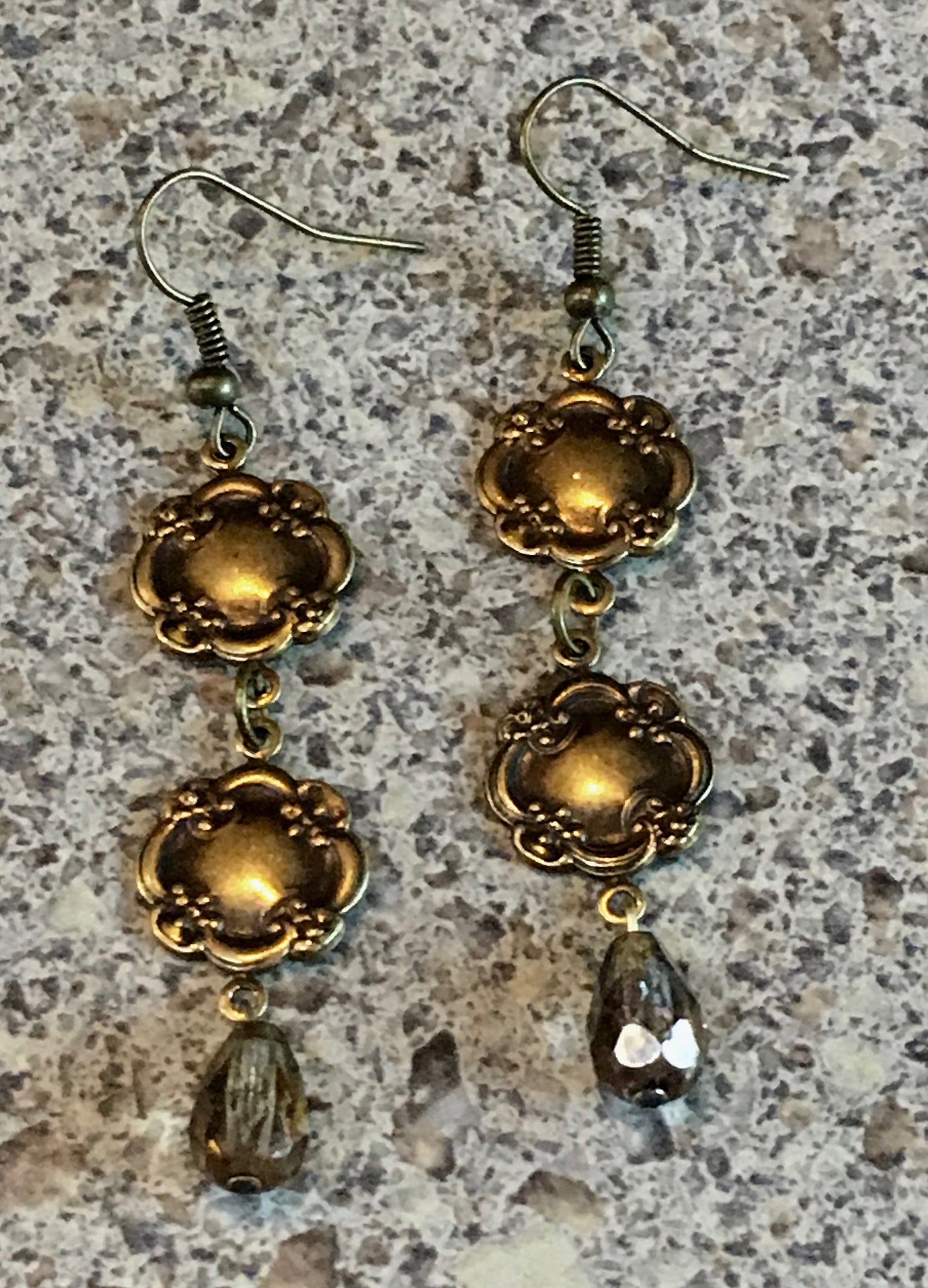 Retro Hippy Antique Brass and Crystal Drop Earrings