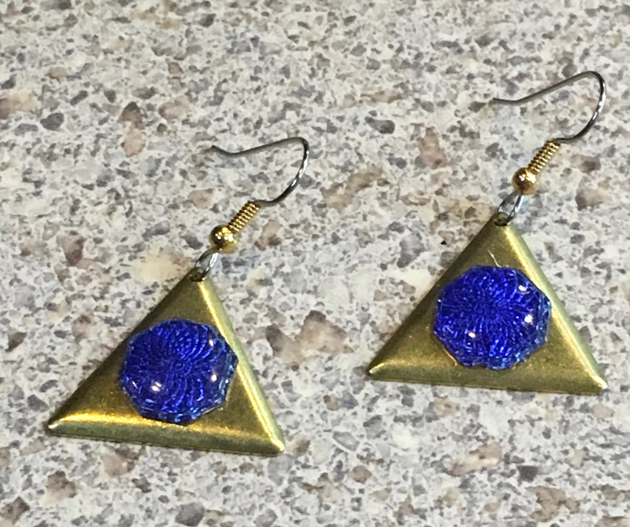 Hexagon Blue Medallion on Triangle Brass Charm Earrings