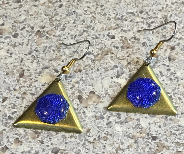 Hexagon Blue Medallion on Triangle Brass Charm Earrings