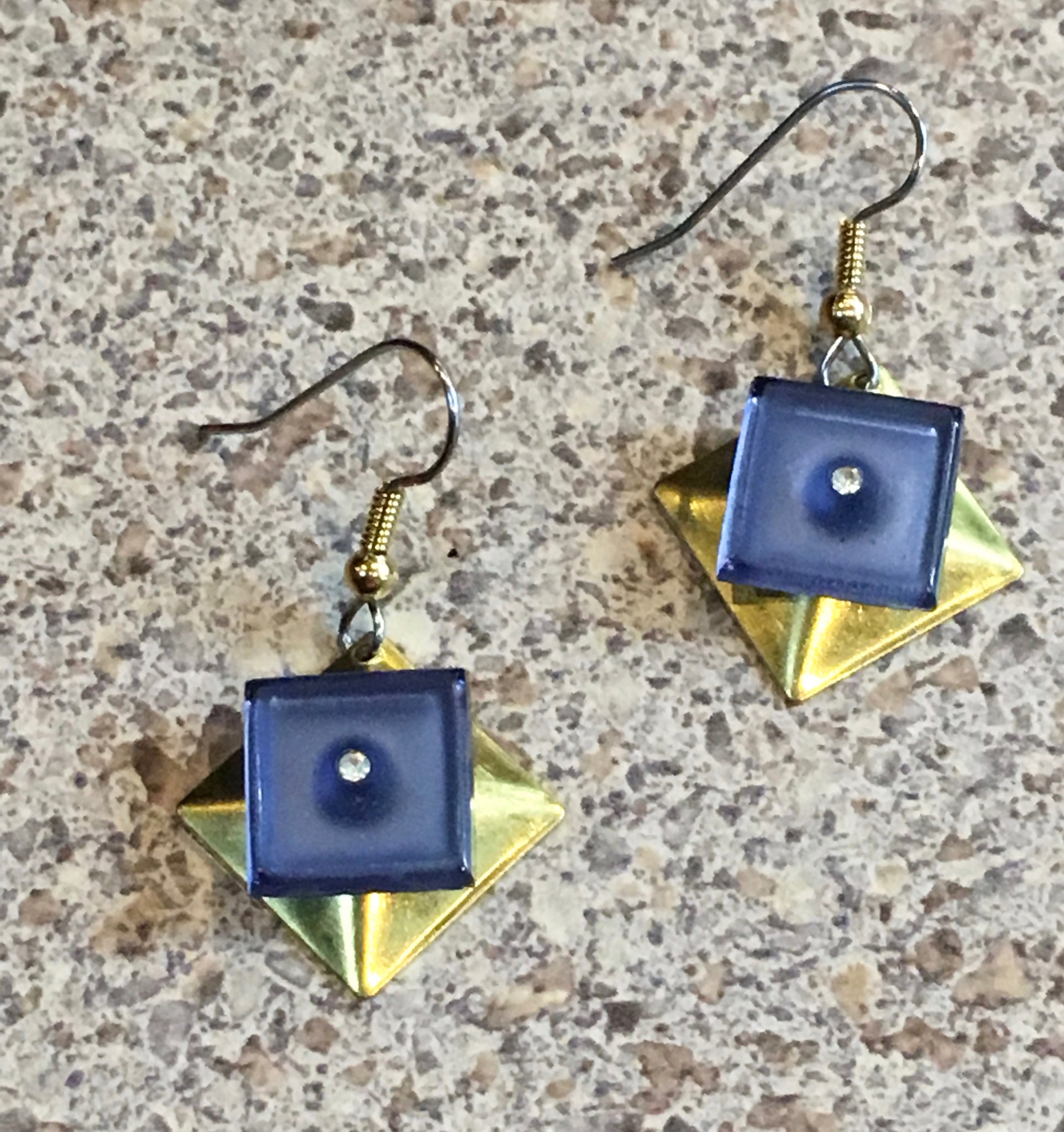 Geometric Squares and Frosted Blue Glass Earrings