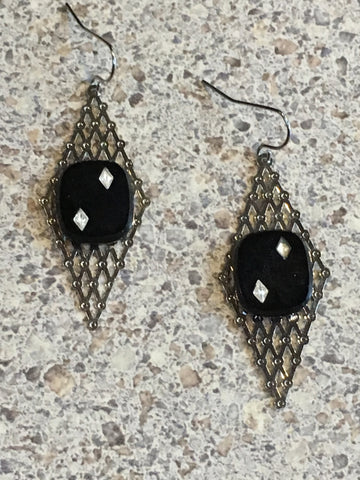 Vintage Black Tile on Modern Metal Screen Earrings