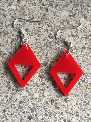 Bright Red Diamond Shape with Triangle Cutout Earrings