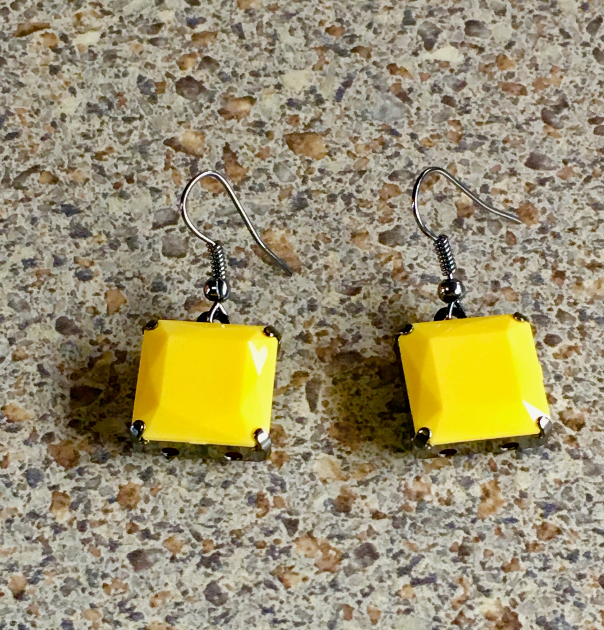 Classic Modern Yellow Square Bead in Gunmetal Setting Earrings