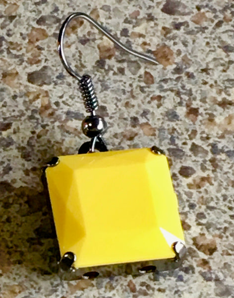 Classic Modern Yellow Square Bead in Gunmetal Setting Earrings