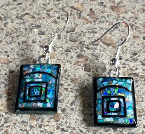 Glistening Australian Opal Inlaid in Onyx Rectangle Earrings