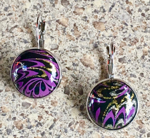 Wizard Marbleized Black, Metalic Gold and Purple Cabochon Earrings