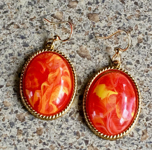 Bright Marbleized Orange, Yellow & White Oval Cabochon Earrings