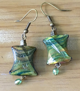 Hourglass Rectangle Green & Gold Lampwork Bead Earrings