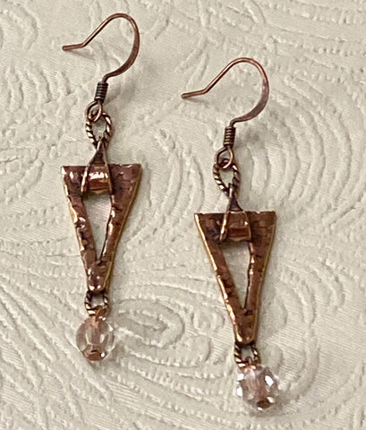 Artisan hand-forged, Hammered Copper Triangle & Dangle Bead Earrings