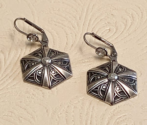 Hexagon Antique Silver Shield-Style Charm Earrings