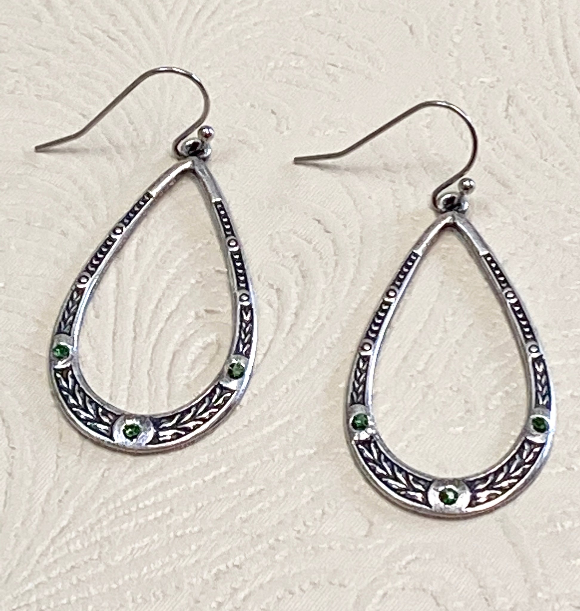 Silver Plate Teardrop Frame with Engraving & Crystals Earrings: