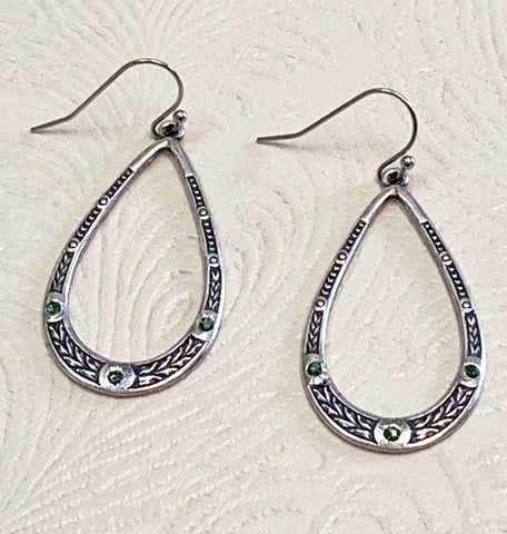 Silver Plate Teardrop Frame with Engraving & Crystals Earrings: