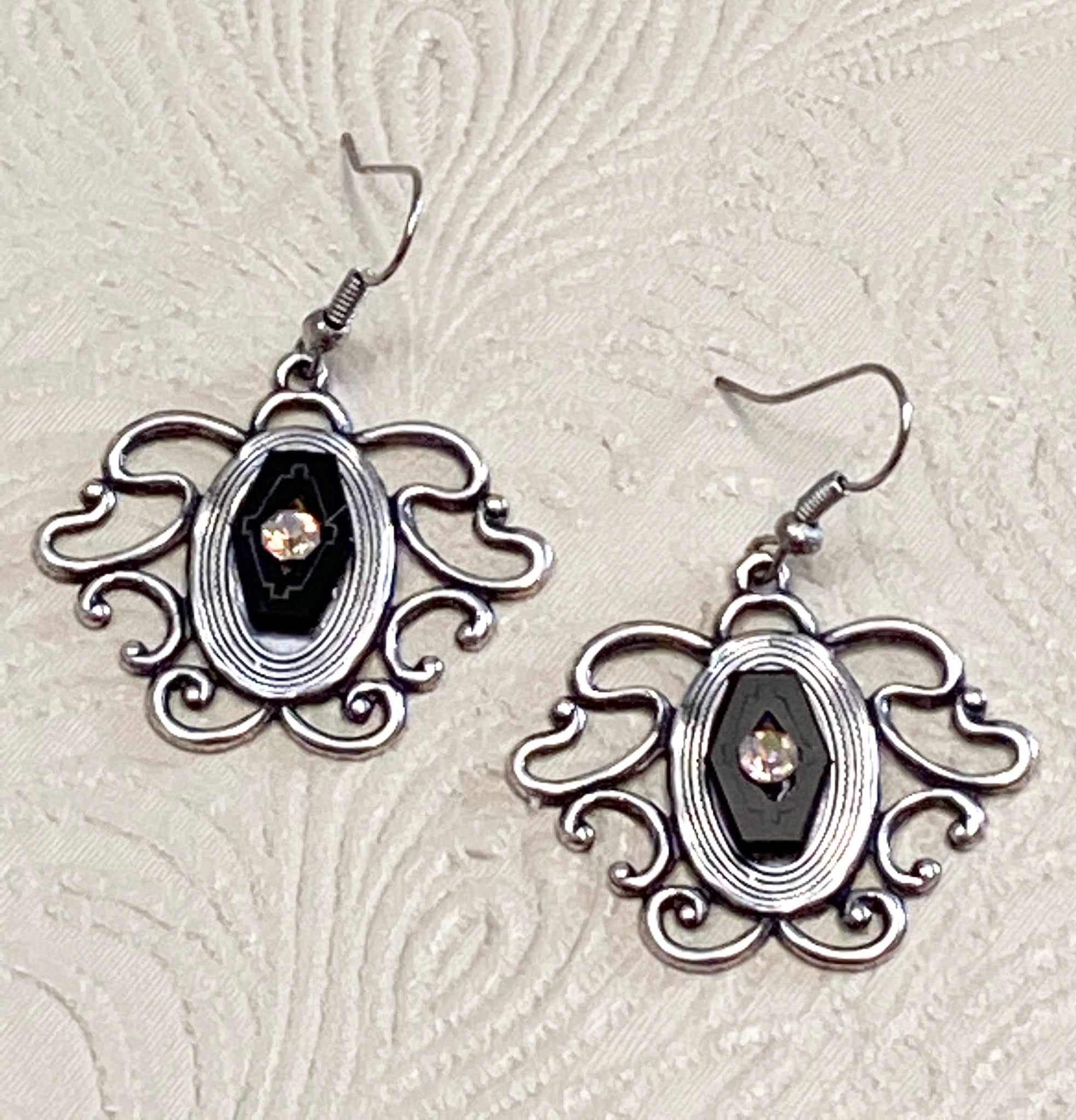 Silver Plate Swirl Gothic-style Vintage Glass & Crystal Earrings