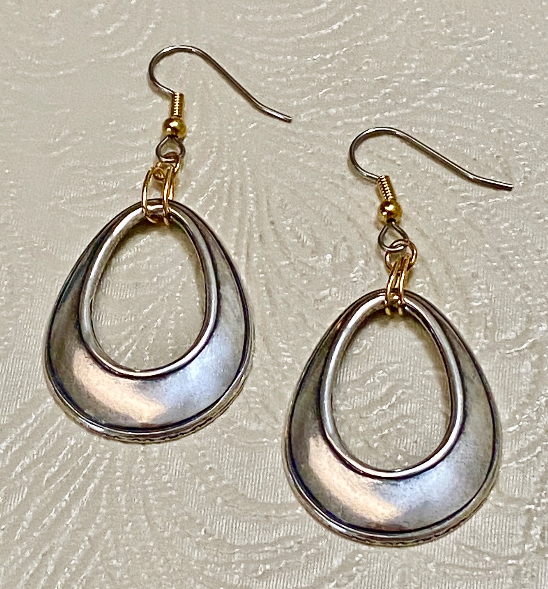 Teardrop Shape Antique Silver-Plate Charm with Gold Accents Earrings