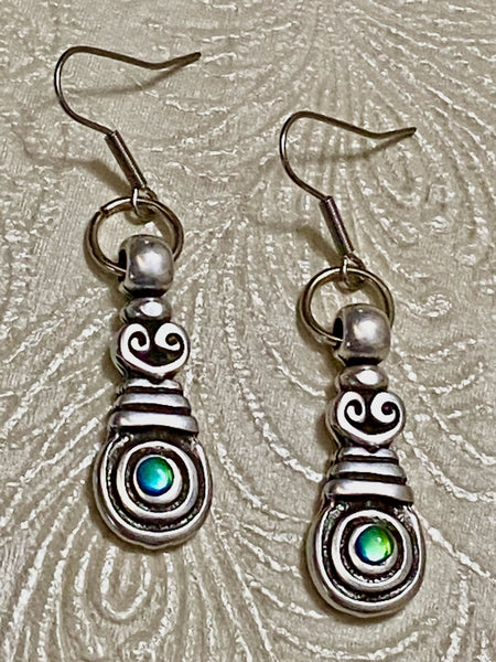 Tribal Antique Silver with Iridescent Cabochons Earrings