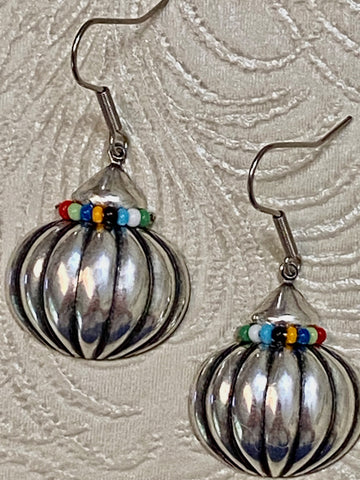 3-D Pumpkin Jar Antiqued Silver-Plate with Seed Bead Detail Earrings