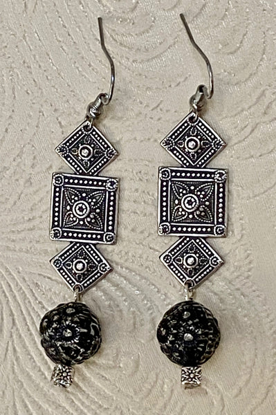 Edwardian Antique Silver Plate Charm with Black Floral Drop Earrings