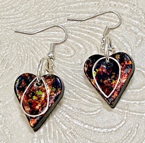 Holographic Iridescent Copper Clay Heart & Silver Metal Charm Earrings