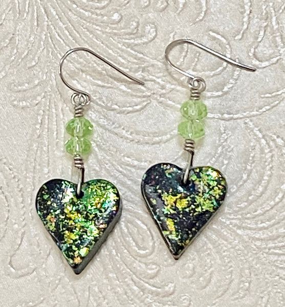 Holographic Iridescent Green Clay Heart & Crystal Earrings