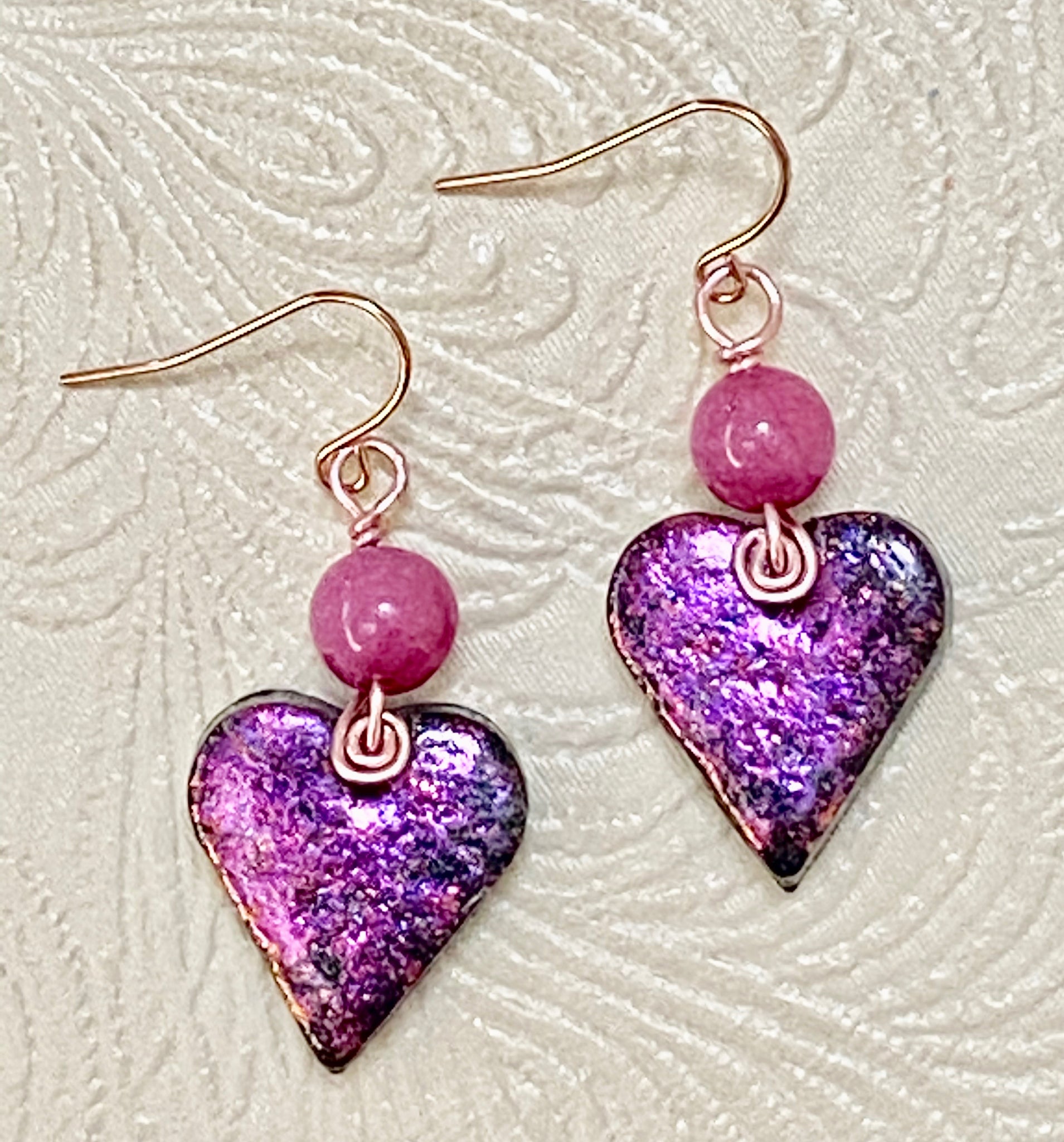 Holographic Iridescent Pink Clay Heart & Jade Earrings