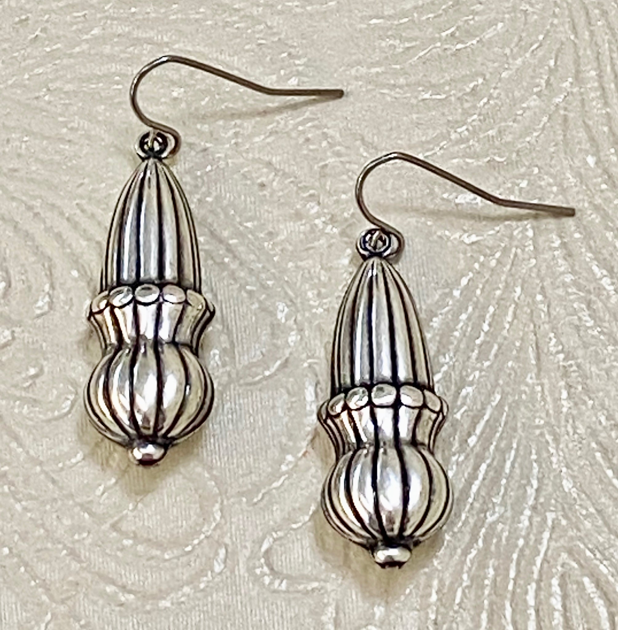 Detailed Antique Silver-Plated Puffed Charm Earrings