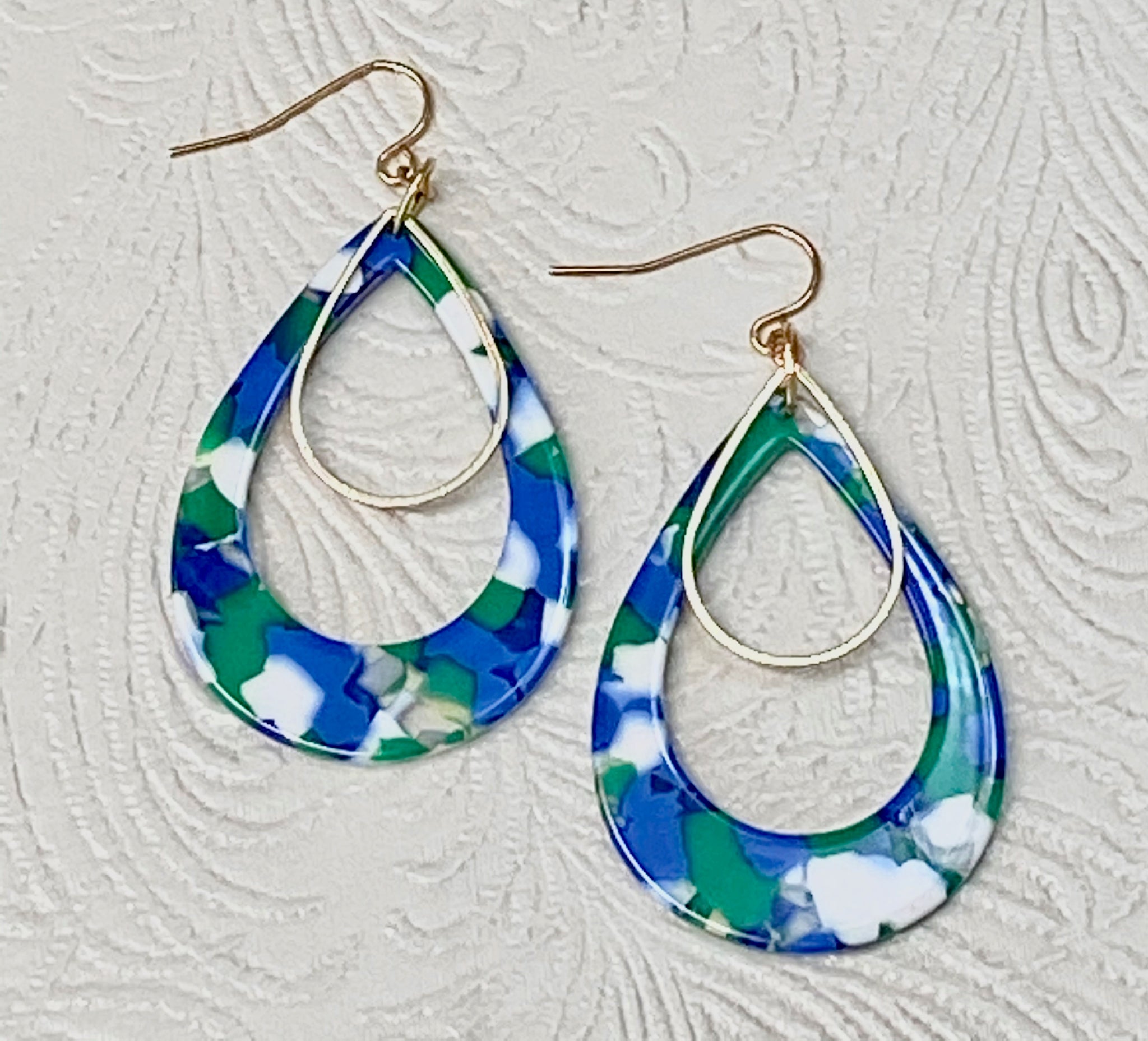 Retro / Mod Blue Green & White Teardrop with Golden Charm Earrings