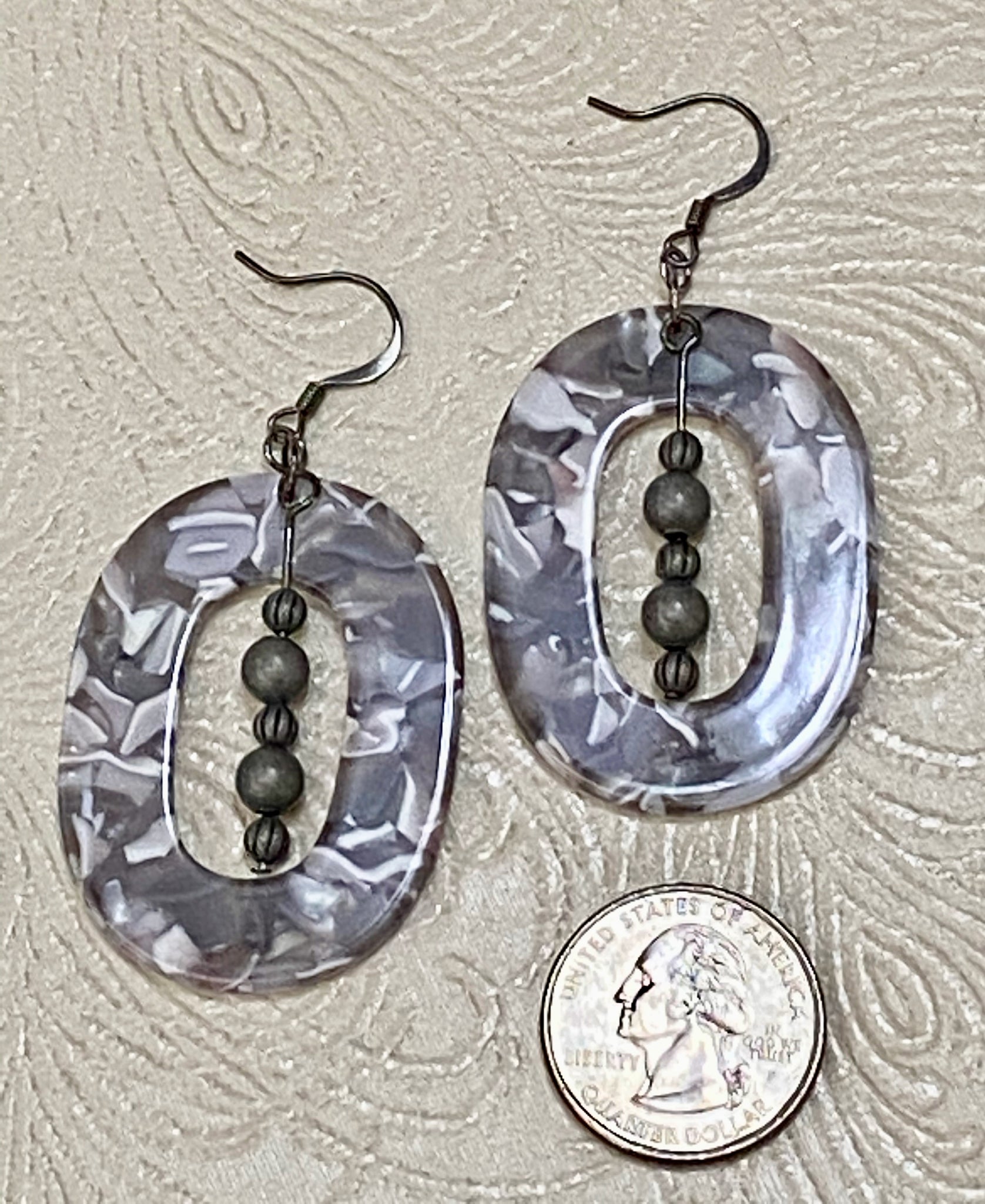 Retro / Mod Taupe & Gray Oval Drop with Gunmetal Beaded Charm Earrings