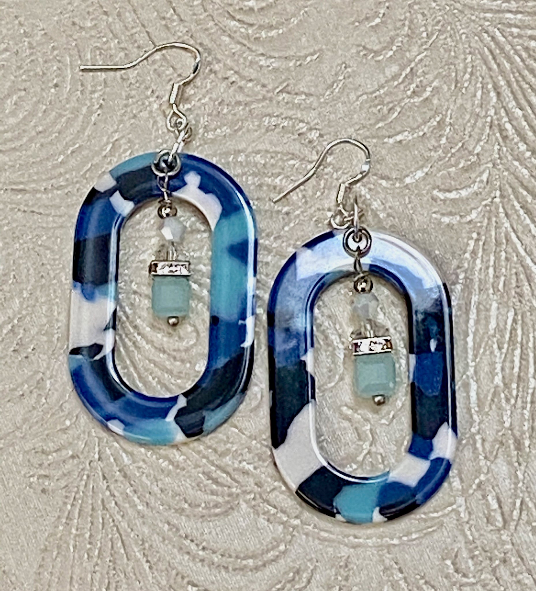 Retro / Mod Blues, Black & White Oval Drop with Crystal Charm Earrings