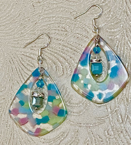 Retro / Mod Pastel Multi-Color Diamond Shaped Drop with Crystal Charm Earrings