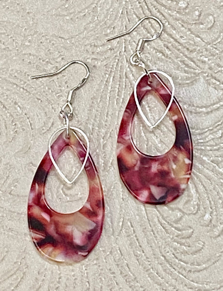 Retro / Mod Red Tortoise Teardrop with Silver Charm Earrings