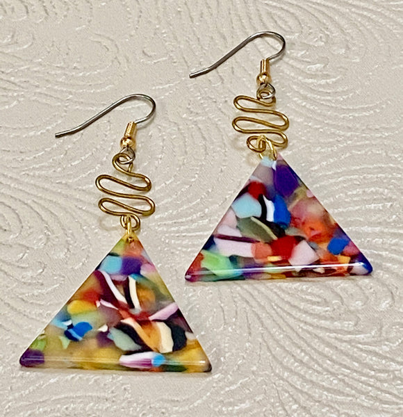 Retro / Mod Bright Multi-Color Triangle with Golden Charm Earrings