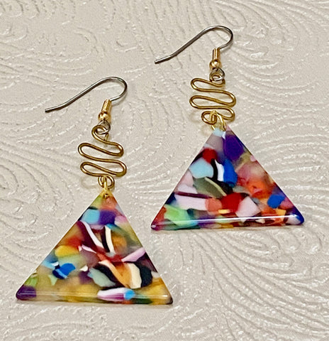 Retro / Mod Bright Multi-Color Triangle with Golden Charm Earrings