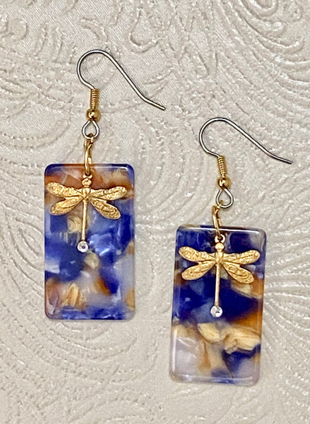 Retro / Mod Blue Tortoise Rectangle with Golden Dragonfly Charm Earrings