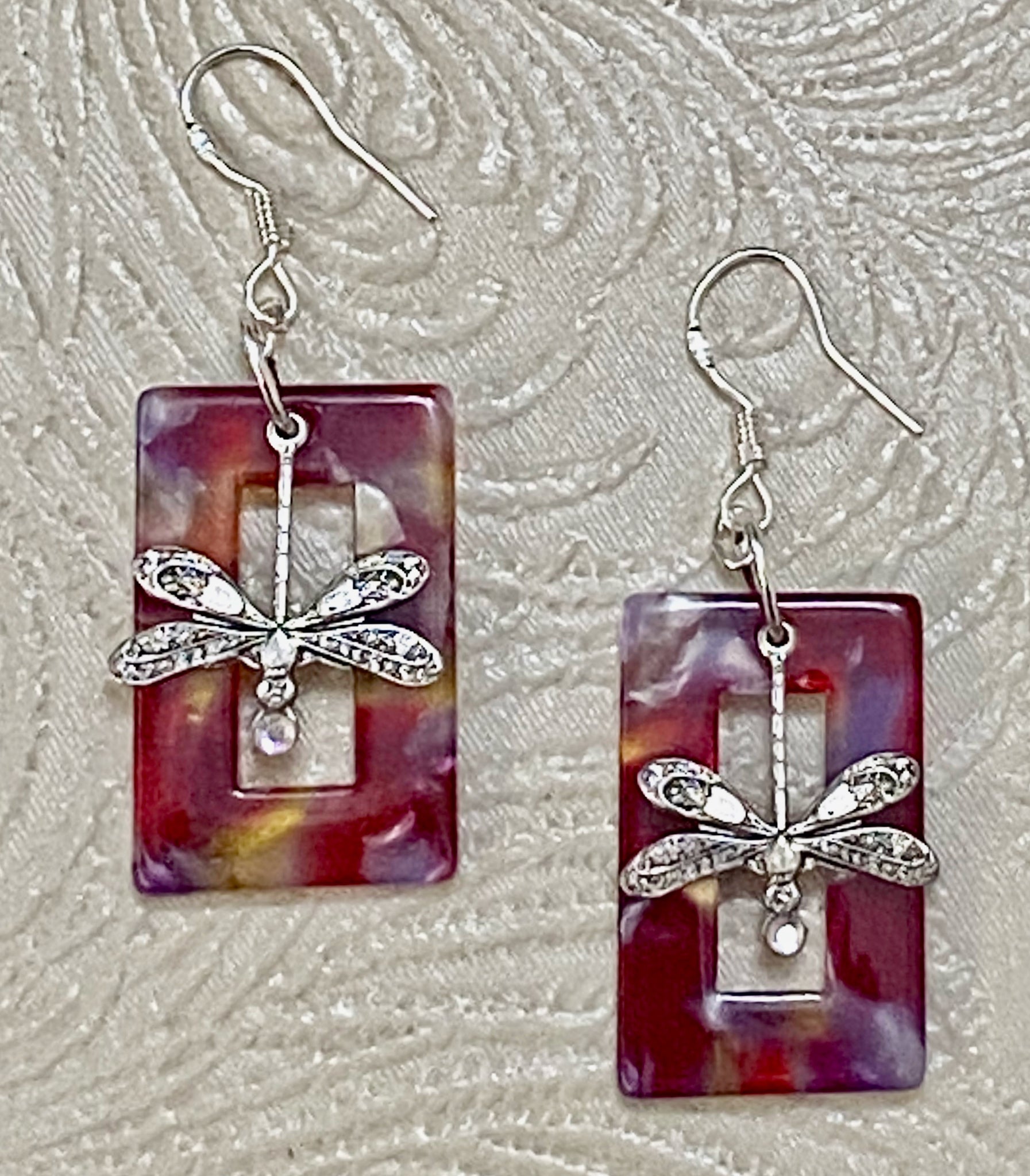 Retro / Mod Red Tortoise Rectangle with Antique Silver Dragonfly Charm Earrings