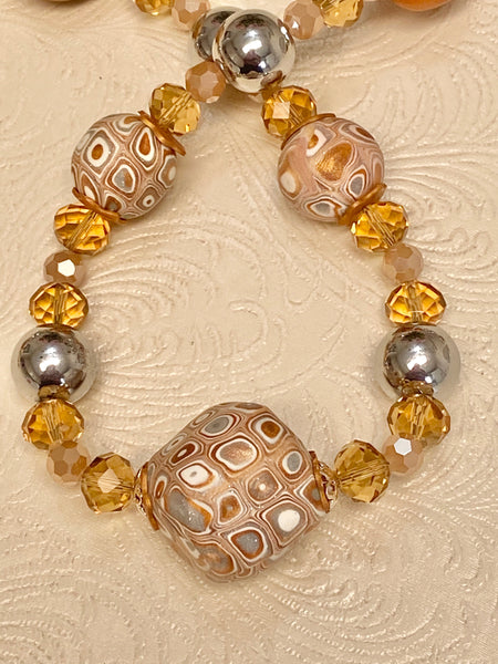 Strike GOLD! Handmade Clay feature Beads, Faceted Crystal and Silver Metal Beads Necklace