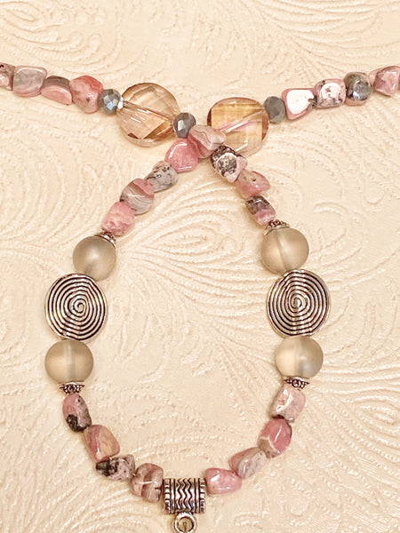 Sublte Natural Pink & Gray Stone and Antique Silver Necklace & Earring Set