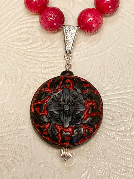 Exotic Carved Cinnabar, dyed Red Coral and Fluted Silver Beaded Necklace