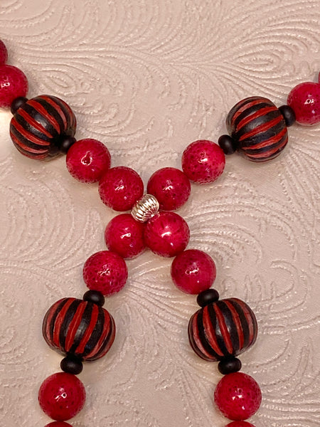 Exotic Carved Cinnabar, dyed Red Coral and Fluted Silver Beaded Necklace