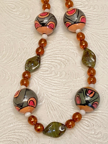 Spiritual Feeling Vintage Wood Bead and Glass Necklace & Earring Set