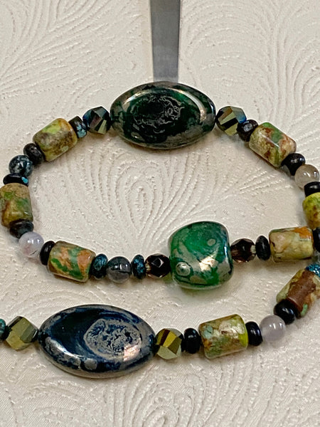 Earthy Green Stone and Glass Necklace & Earring Set