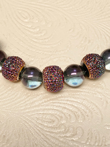 Flashy Shimmering Pave Bead and Iridescent Glass Bead Necklace