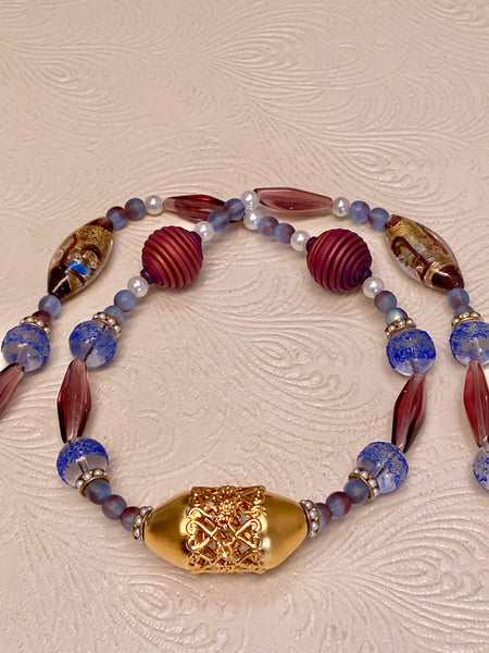 Plum & Blue with Large 22K Matte Gold Plated Feature Bead Necklace & Earring Set