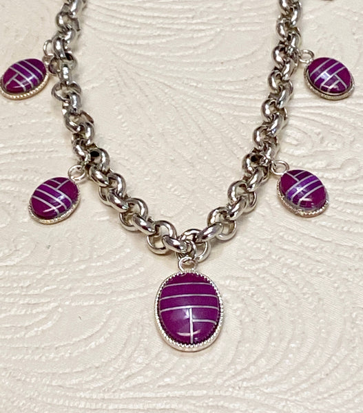 Purple Cabochon Charms on Rolo Chain Necklace & Earring Set